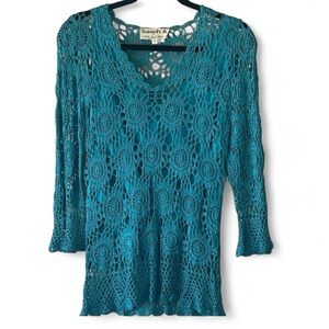 Joseph A. Blue Crochet Lace Overlay with 3/4 Sleeves